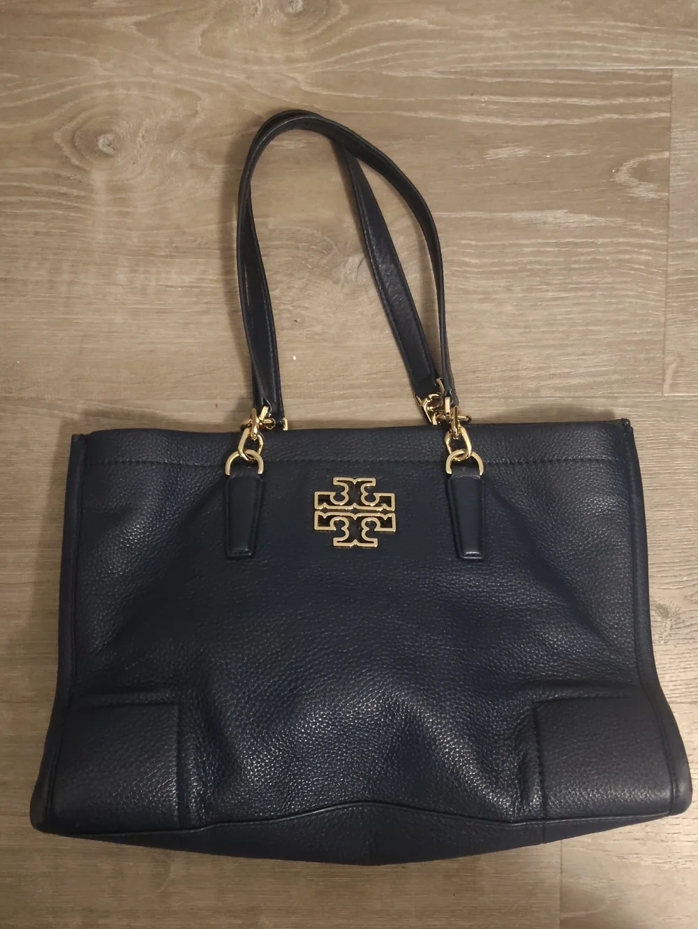 Tory Burch Britten Slouch Navy Pebbled Leather Double-Handle Tote with Gold Logo